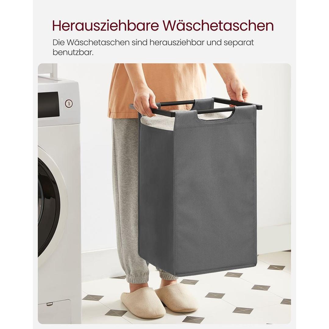 Wasmand met Uittrekbare Waszakken – Wasbox met 2 Vakken, Opbergblad en Stalen Frame