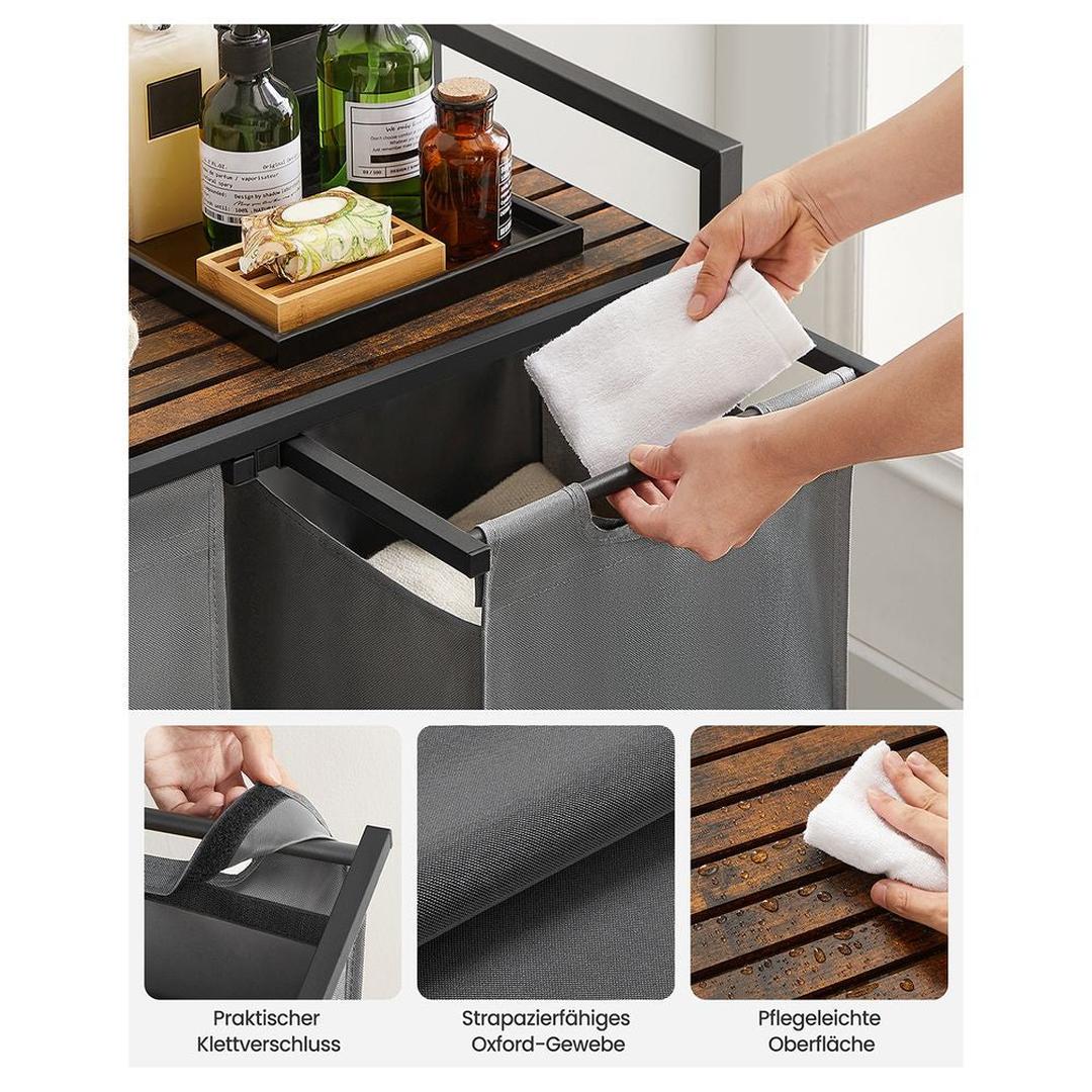 Wasmand met Uittrekbare Waszakken – Wasbox met 2 Vakken, Opbergblad en Stalen Frame