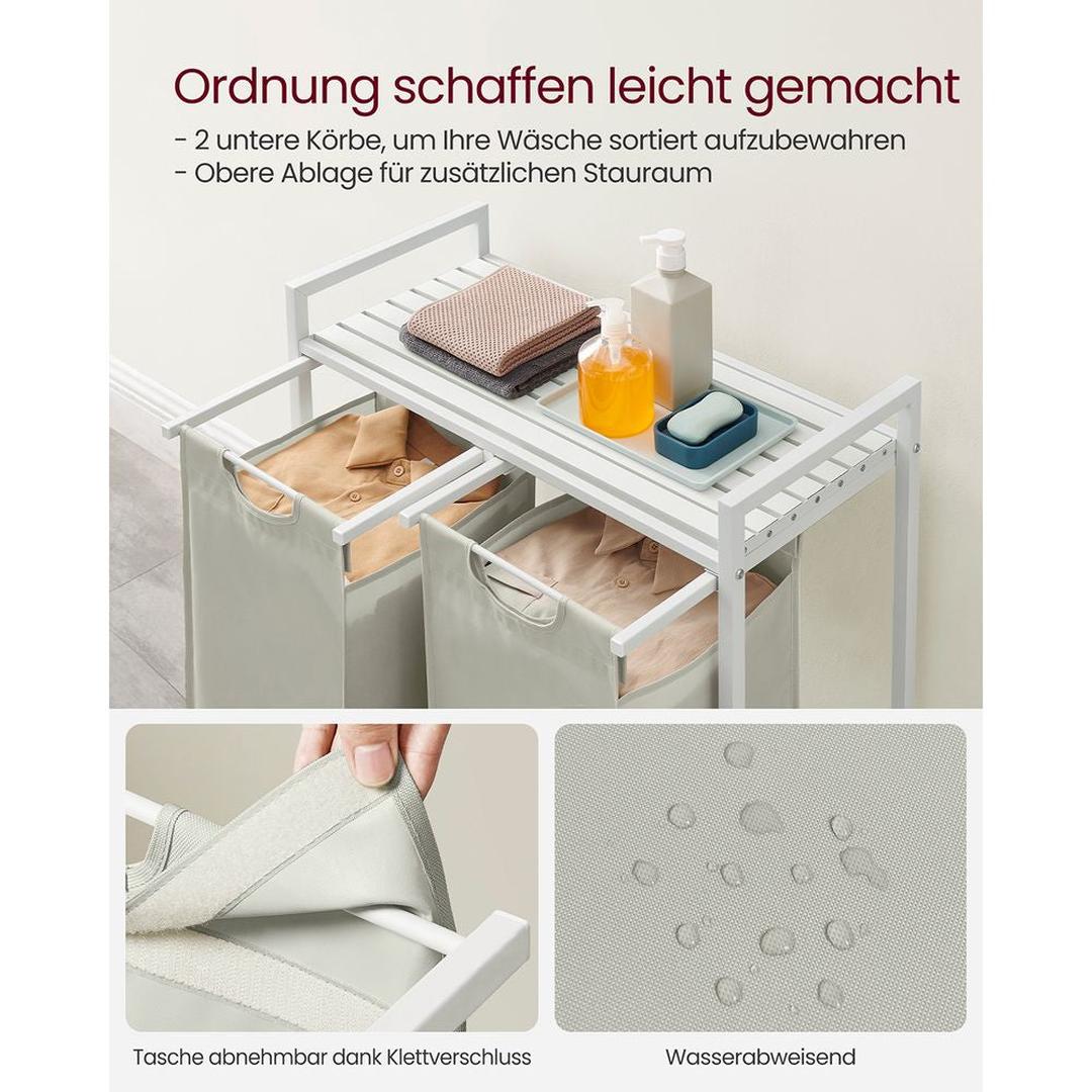 Wasmand met Uittrekbare Waszakken – Wasbox met 2 Vakken, Opbergblad en Stalen Frame