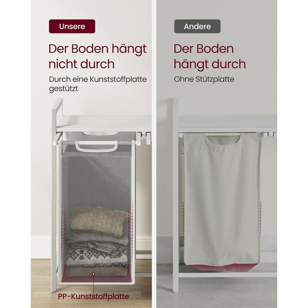 Wasmand met Uittrekbare Waszakken – Wasbox met 2 Vakken, Opbergblad en Stalen Frame