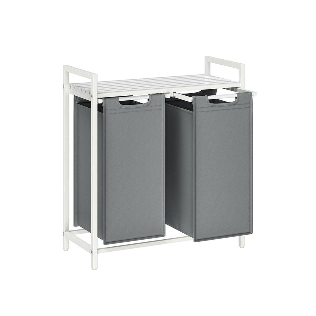 Wasmand met Uittrekbare Waszakken – Wasbox met 2 Vakken, Opbergblad en Stalen Frame