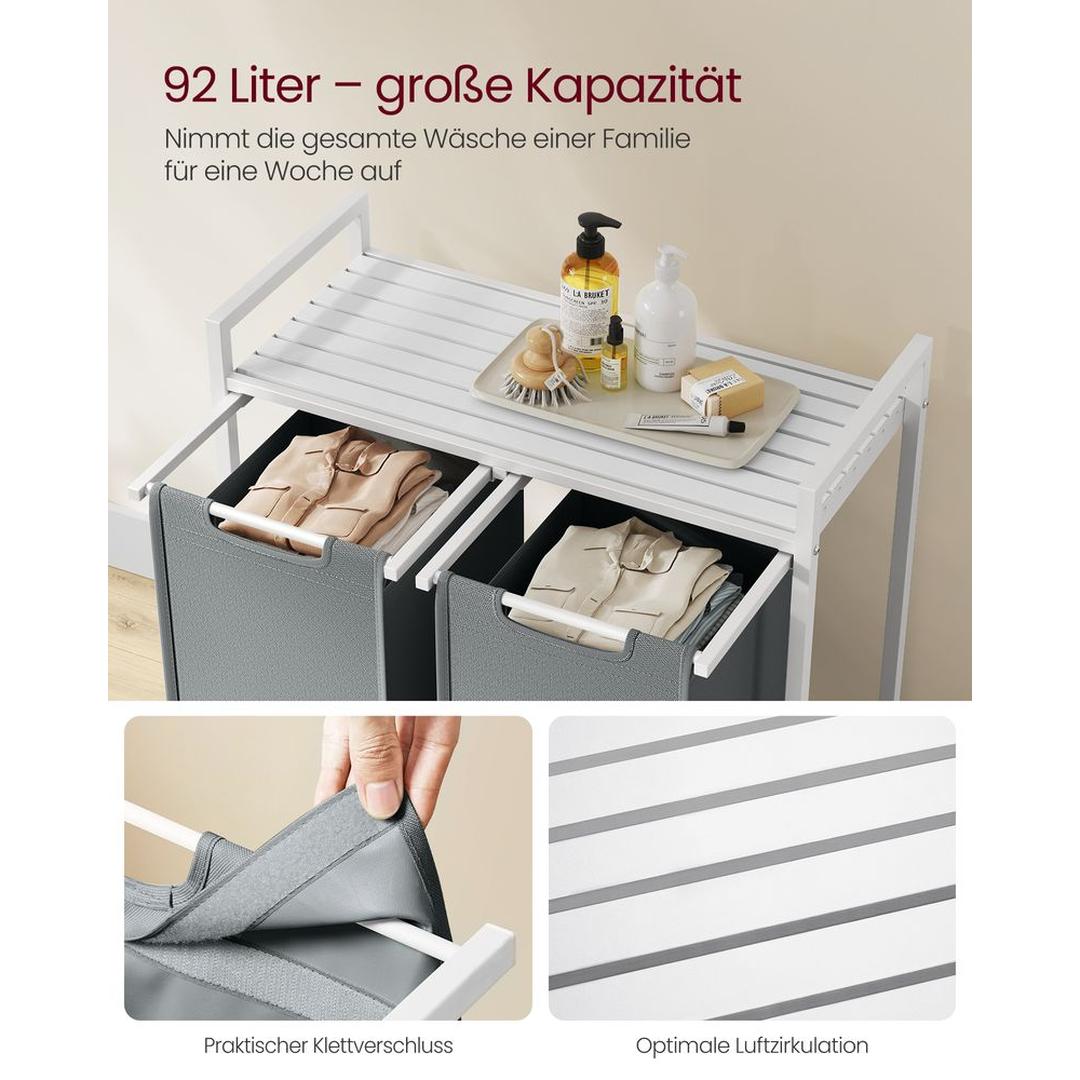 Wasmand met Uittrekbare Waszakken – Wasbox met 2 Vakken, Opbergblad en Stalen Frame