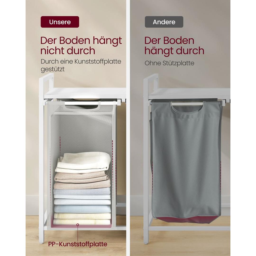 Wasmand met Uittrekbare Waszakken – Wasbox met 2 Vakken, Opbergblad en Stalen Frame