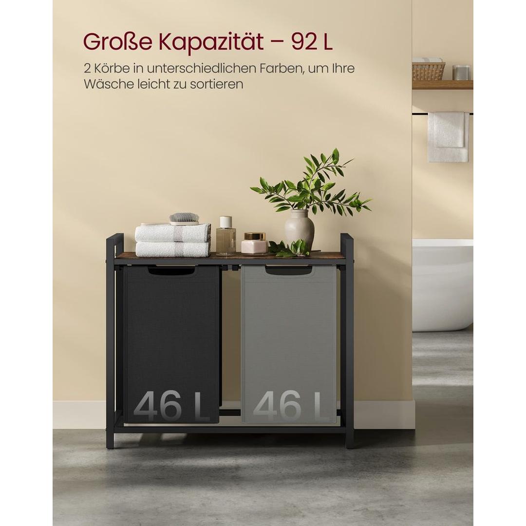 Wasmand met Uittrekbare Waszakken – Wasbox met 2 Vakken, Opbergblad en Stalen Frame