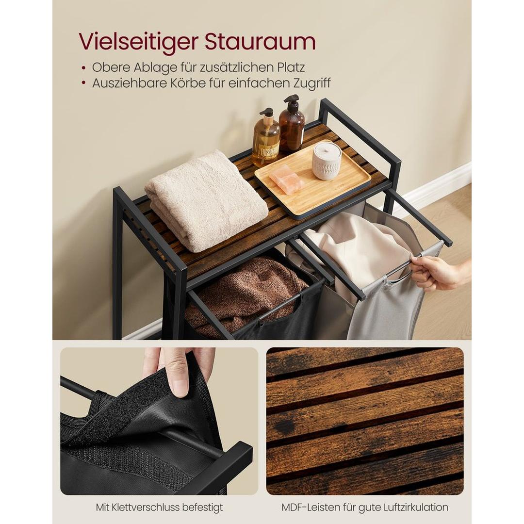 Wasmand met Uittrekbare Waszakken – Wasbox met 2 Vakken, Opbergblad en Stalen Frame