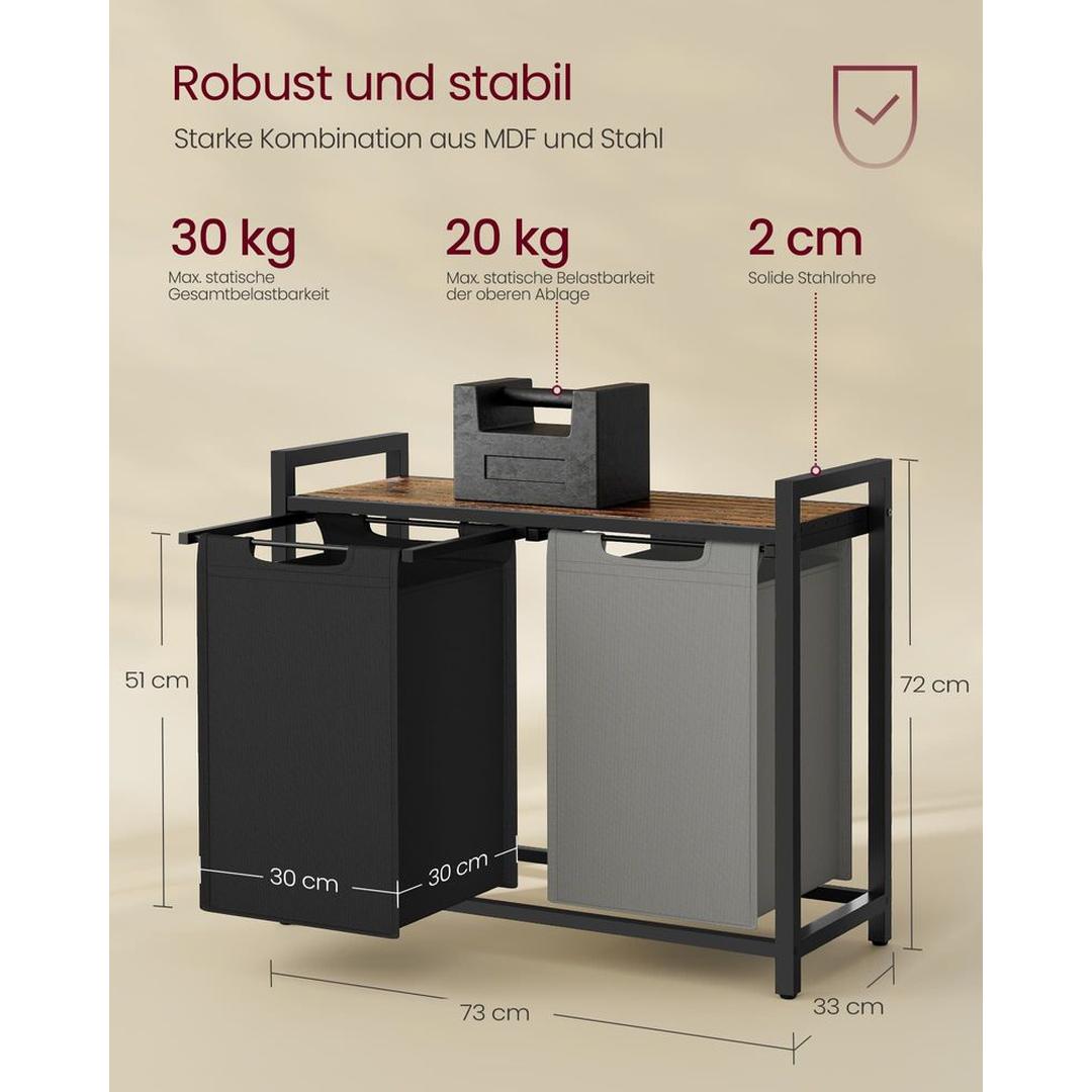 Wasmand met Uittrekbare Waszakken – Wasbox met 2 Vakken, Opbergblad en Stalen Frame