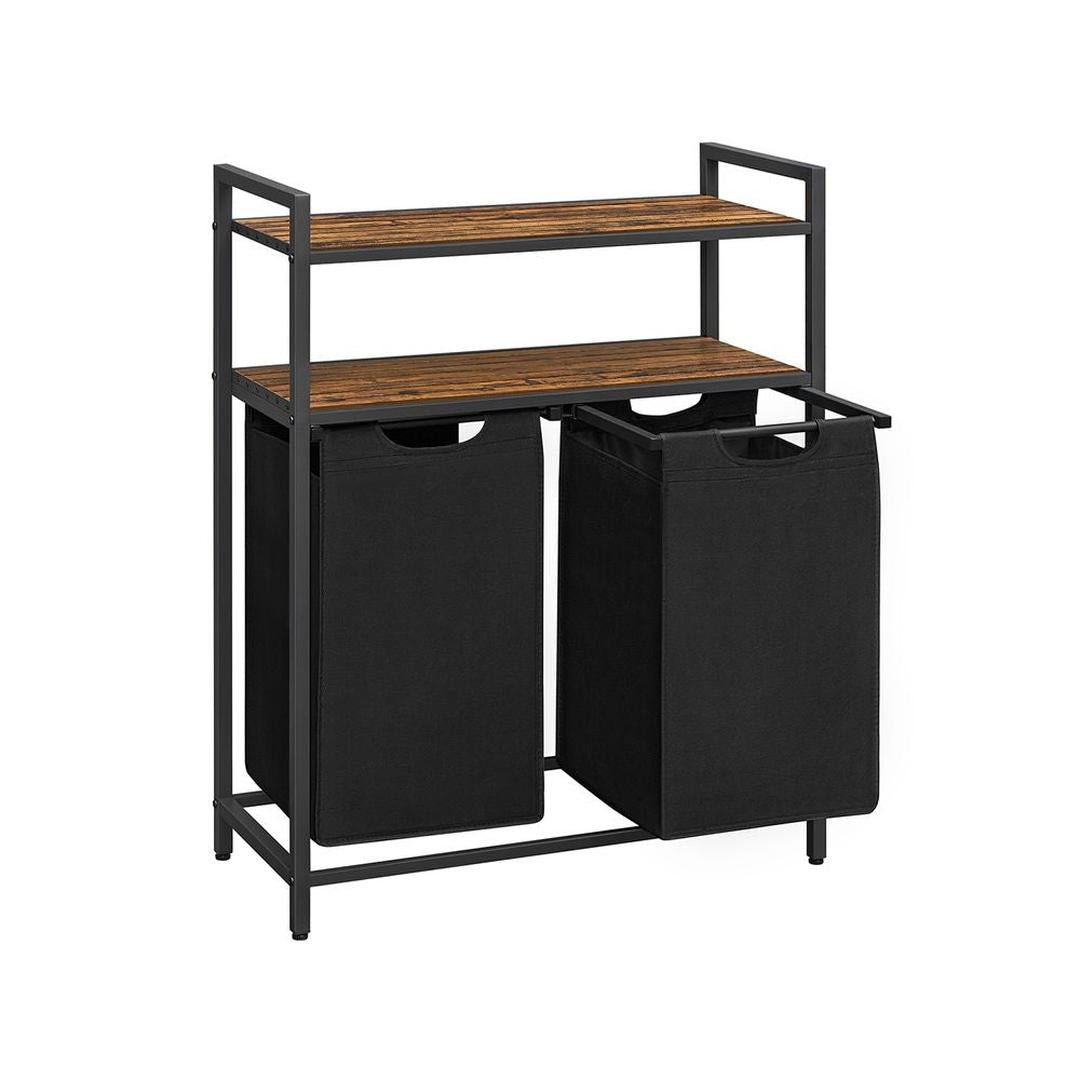 Wasmand met 2 Compartimenten – Wasbox met 2 Uitneembare Waszakken en 2 Opbergplanken
