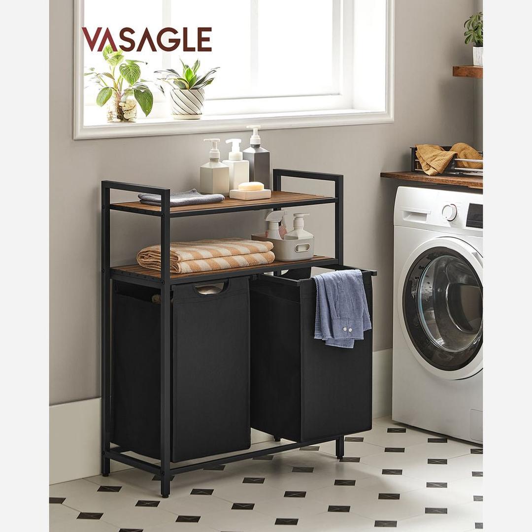 Wasmand met 2 Compartimenten – Wasbox met 2 Uitneembare Waszakken en 2 Opbergplanken