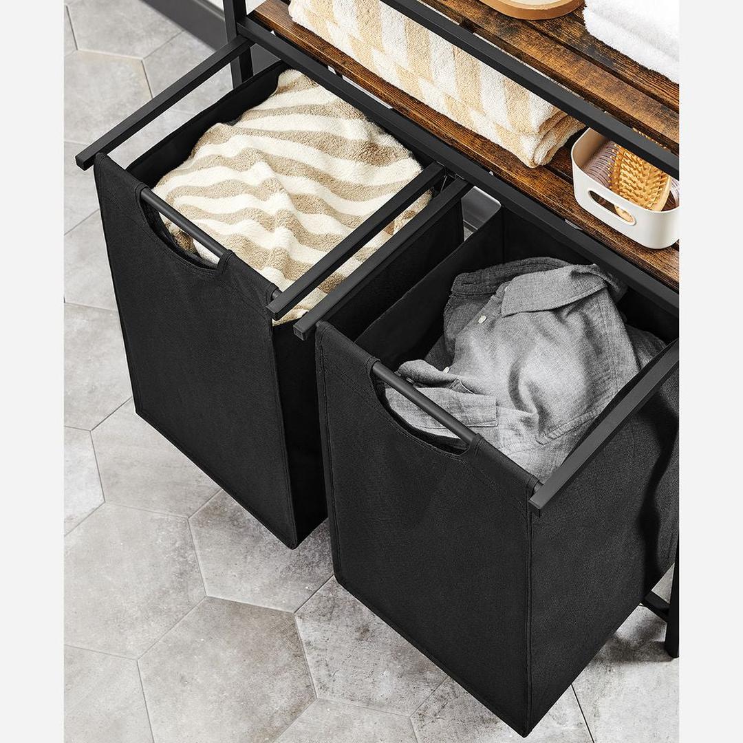 Wasmand met 2 Compartimenten – Wasbox met 2 Uitneembare Waszakken en 2 Opbergplanken