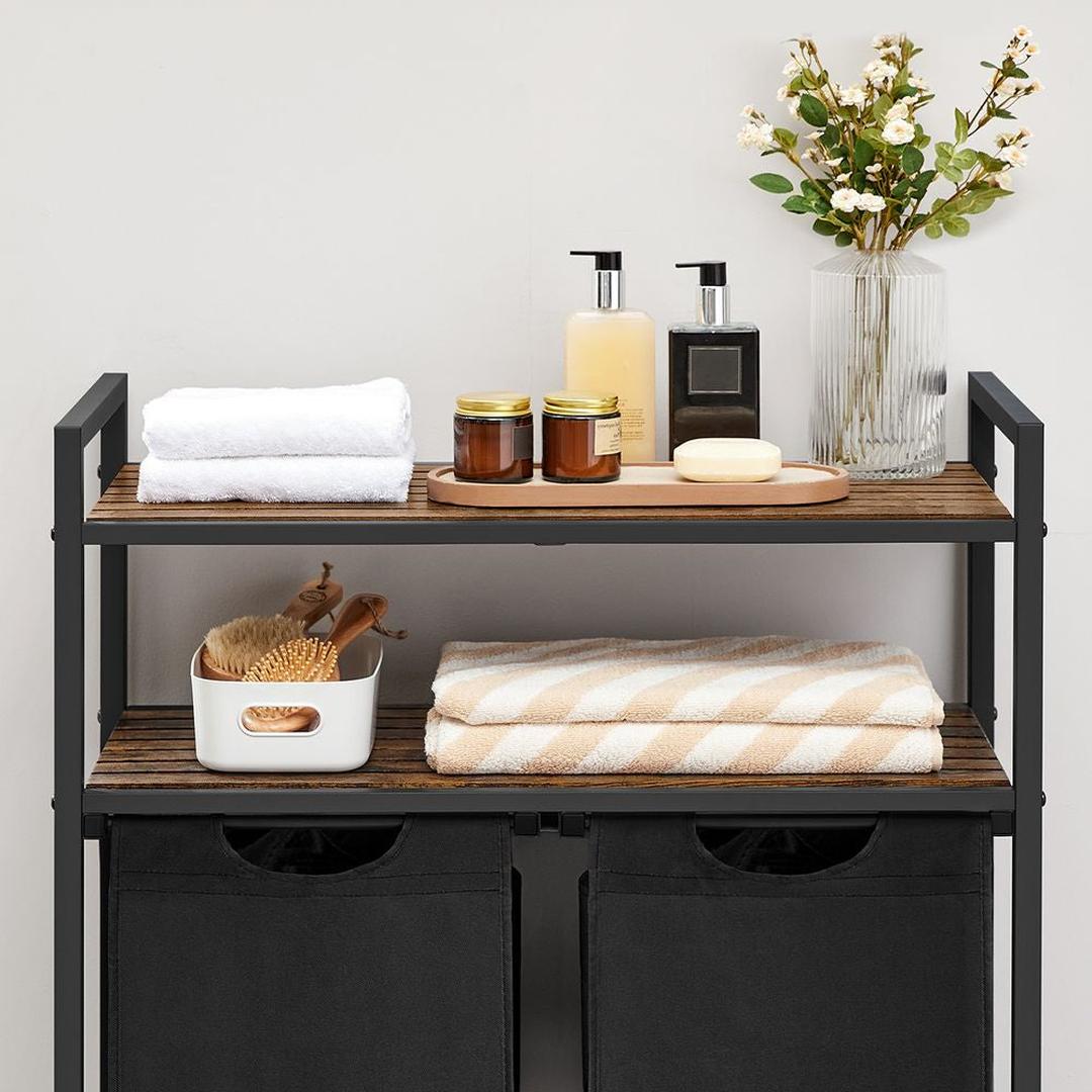Wasmand met 2 Compartimenten – Wasbox met 2 Uitneembare Waszakken en 2 Opbergplanken