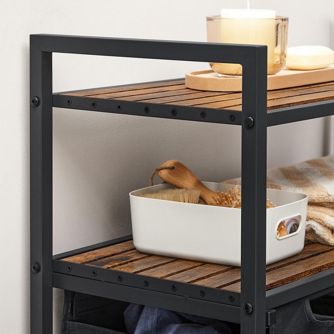 Wasmand met 2 Compartimenten – Wasbox met 2 Uitneembare Waszakken en 2 Opbergplanken