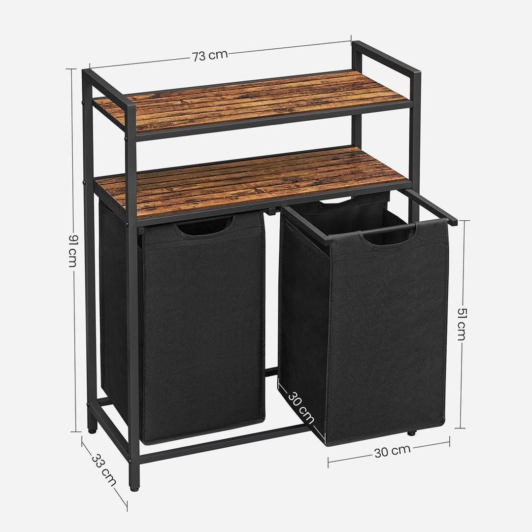 Wasmand met 2 Compartimenten – Wasbox met 2 Uitneembare Waszakken en 2 Opbergplanken