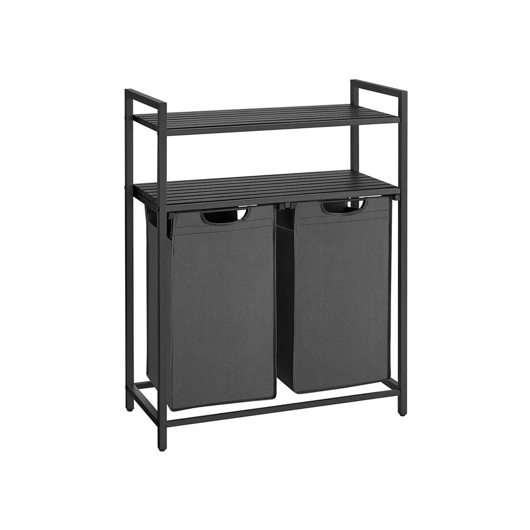 Wasmand met 2 Compartimenten – Wasbox met 2 Uitneembare Waszakken en 2 Opbergplanken