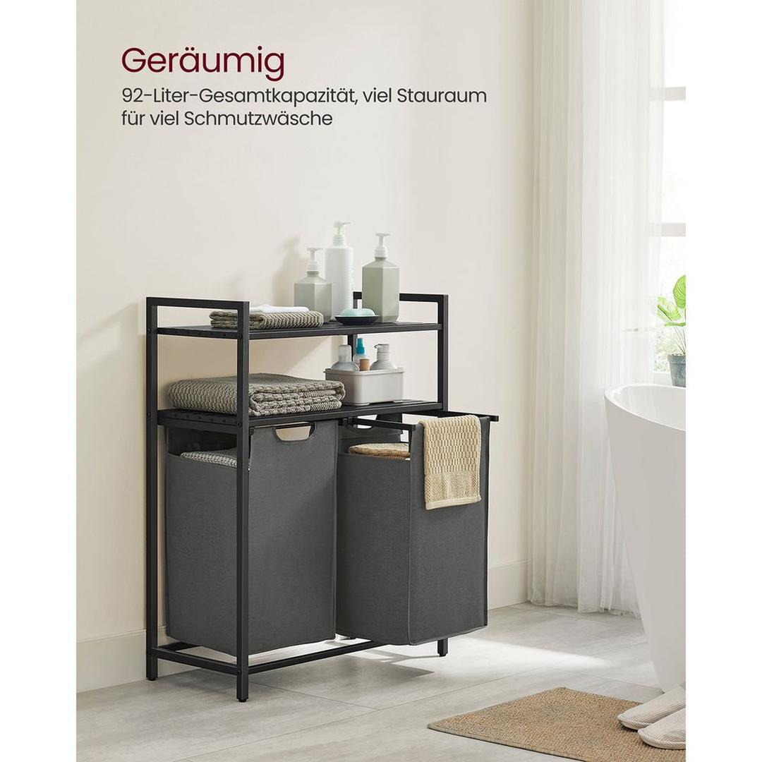 Wasmand met 2 Compartimenten – Wasbox met 2 Uitneembare Waszakken en 2 Opbergplanken