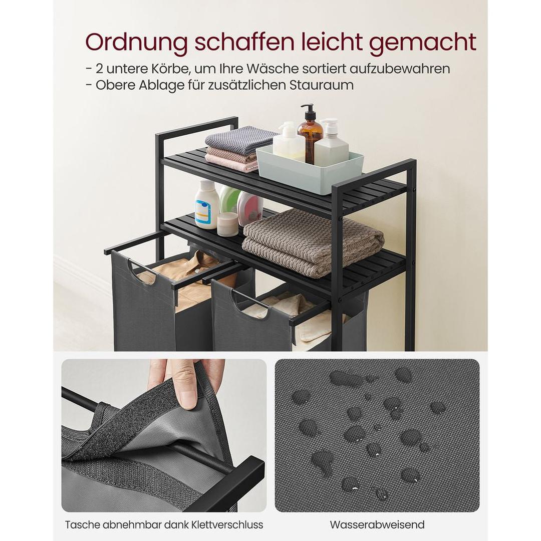 Wasmand met 2 Compartimenten – Wasbox met 2 Uitneembare Waszakken en 2 Opbergplanken
