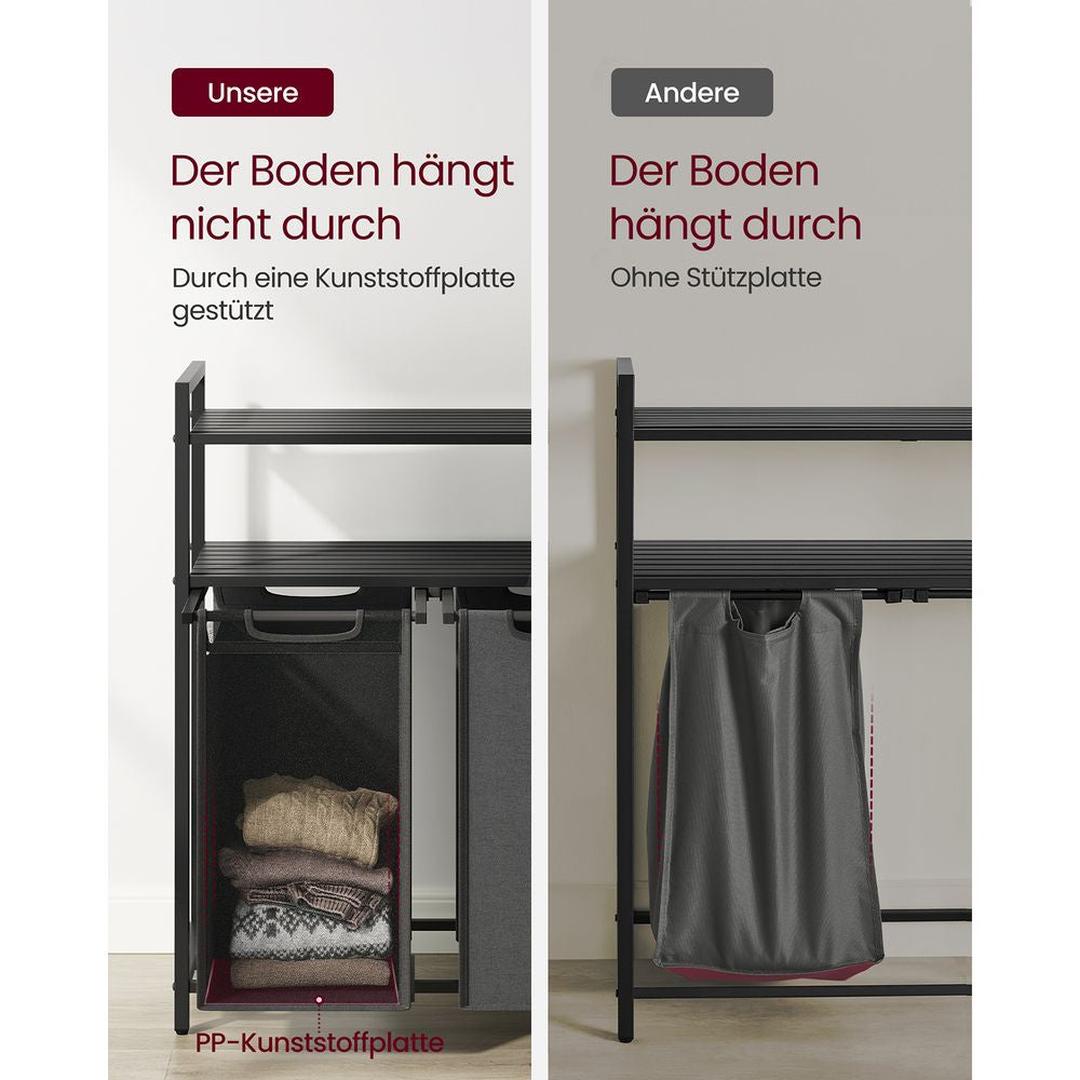 Wasmand met 2 Compartimenten – Wasbox met 2 Uitneembare Waszakken en 2 Opbergplanken