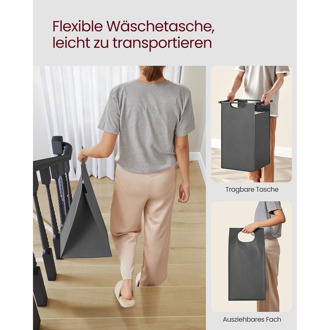 Wasmand met 2 Compartimenten – Wasbox met 2 Uitneembare Waszakken en 2 Opbergplanken