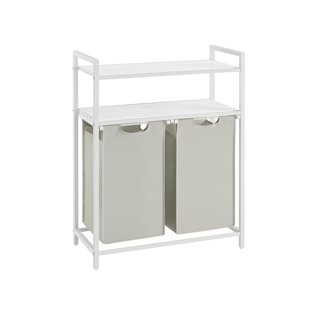 Wasmand met 2 Compartimenten – Wasbox met 2 Uitneembare Waszakken en 2 Opbergplanken