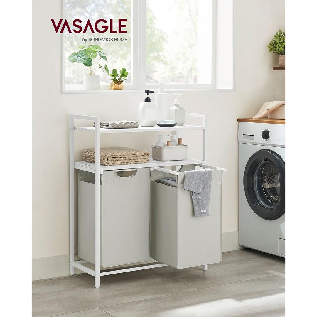 Wasmand met 2 Compartimenten – Wasbox met 2 Uitneembare Waszakken en 2 Opbergplanken