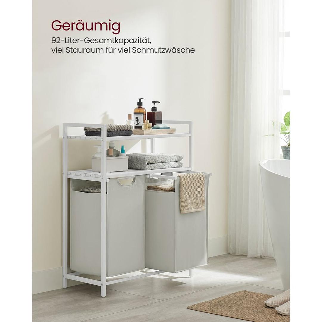 Wasmand met 2 Compartimenten – Wasbox met 2 Uitneembare Waszakken en 2 Opbergplanken