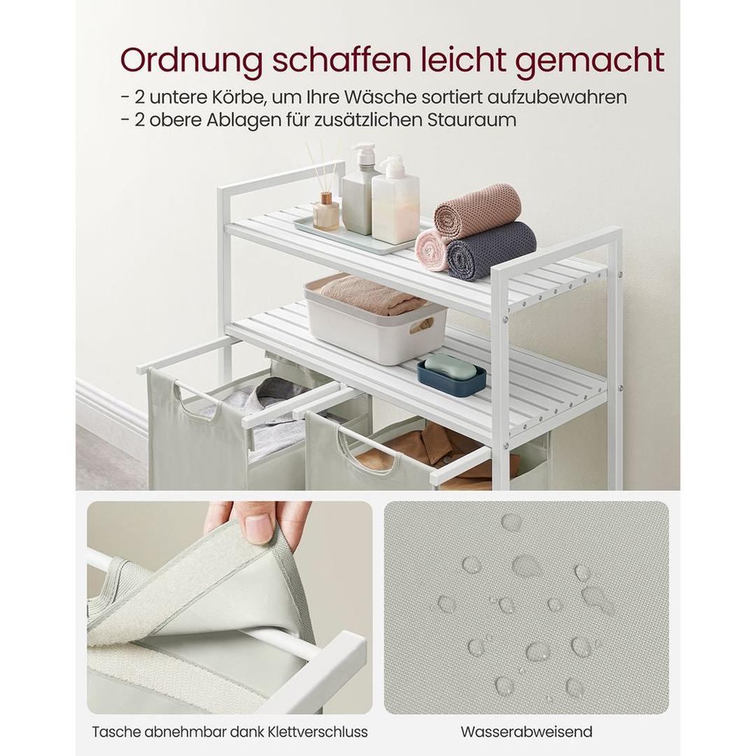 Wasmand met 2 Compartimenten – Wasbox met 2 Uitneembare Waszakken en 2 Opbergplanken