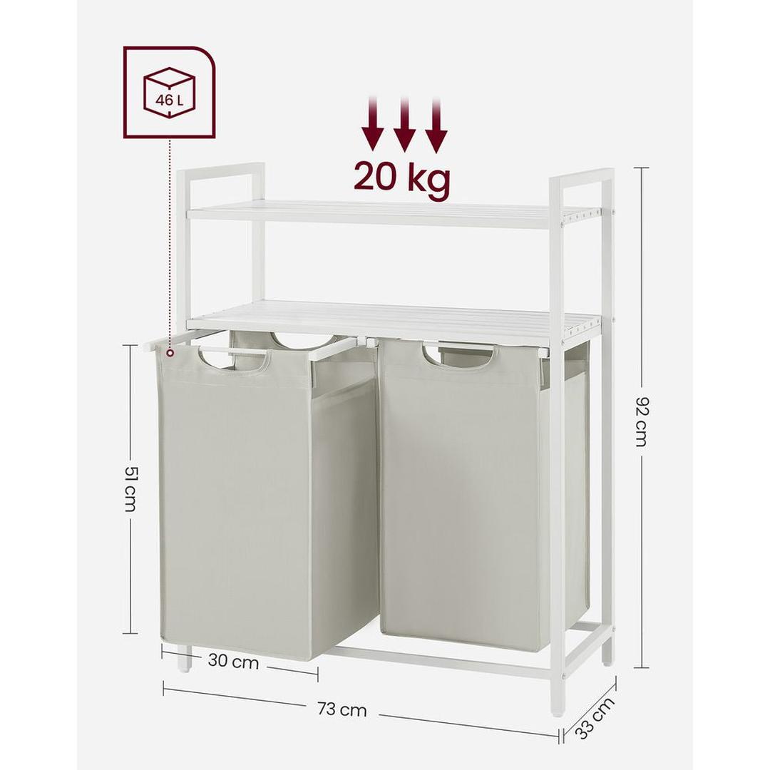 Wasmand met 2 Compartimenten – Wasbox met 2 Uitneembare Waszakken en 2 Opbergplanken
