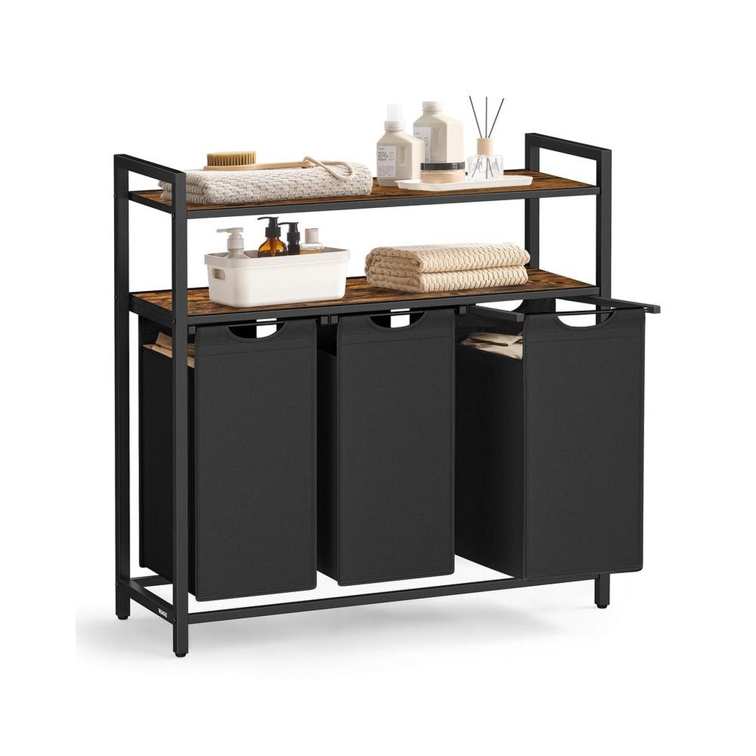 Wasmand met 2 Compartimenten – Wasbox met 2 Uitneembare Waszakken en 2 Opbergplanken