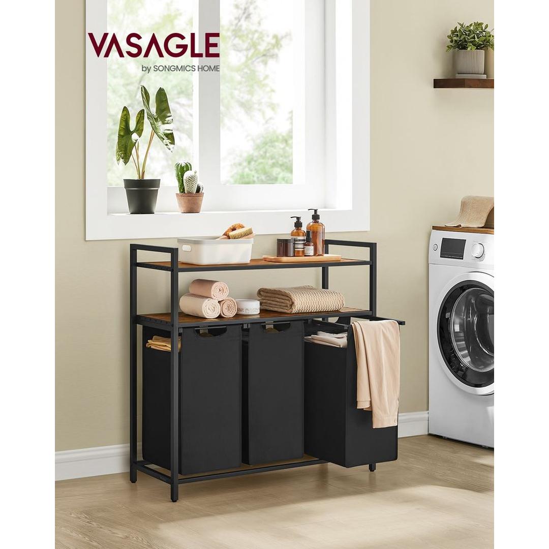Wasmand met 2 Compartimenten – Wasbox met 2 Uitneembare Waszakken en 2 Opbergplanken