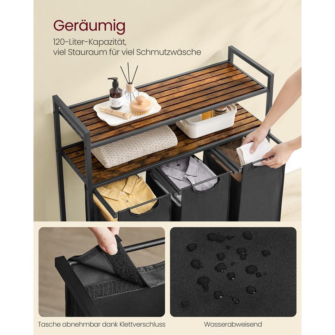 Wasmand met 2 Compartimenten – Wasbox met 2 Uitneembare Waszakken en 2 Opbergplanken