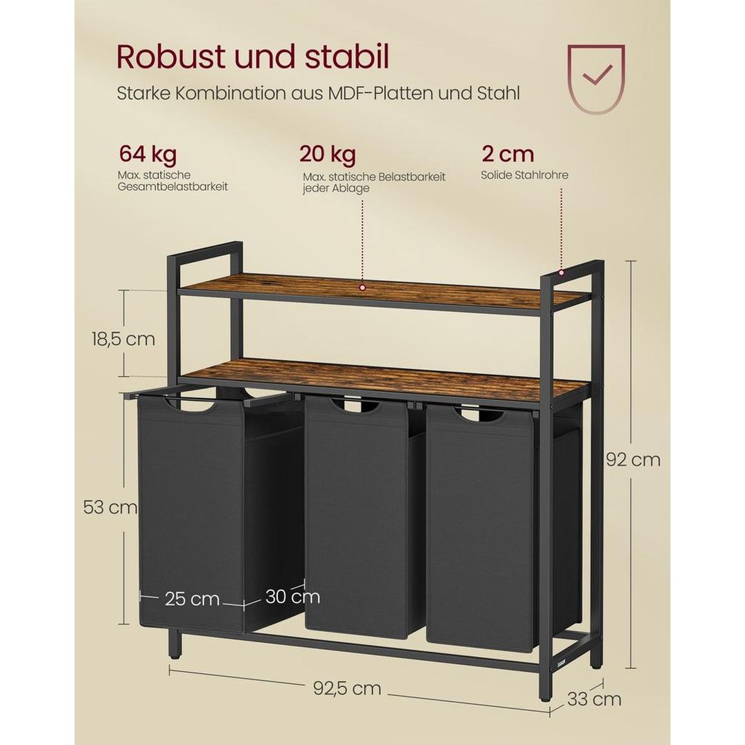 Wasmand met 2 Compartimenten – Wasbox met 2 Uitneembare Waszakken en 2 Opbergplanken