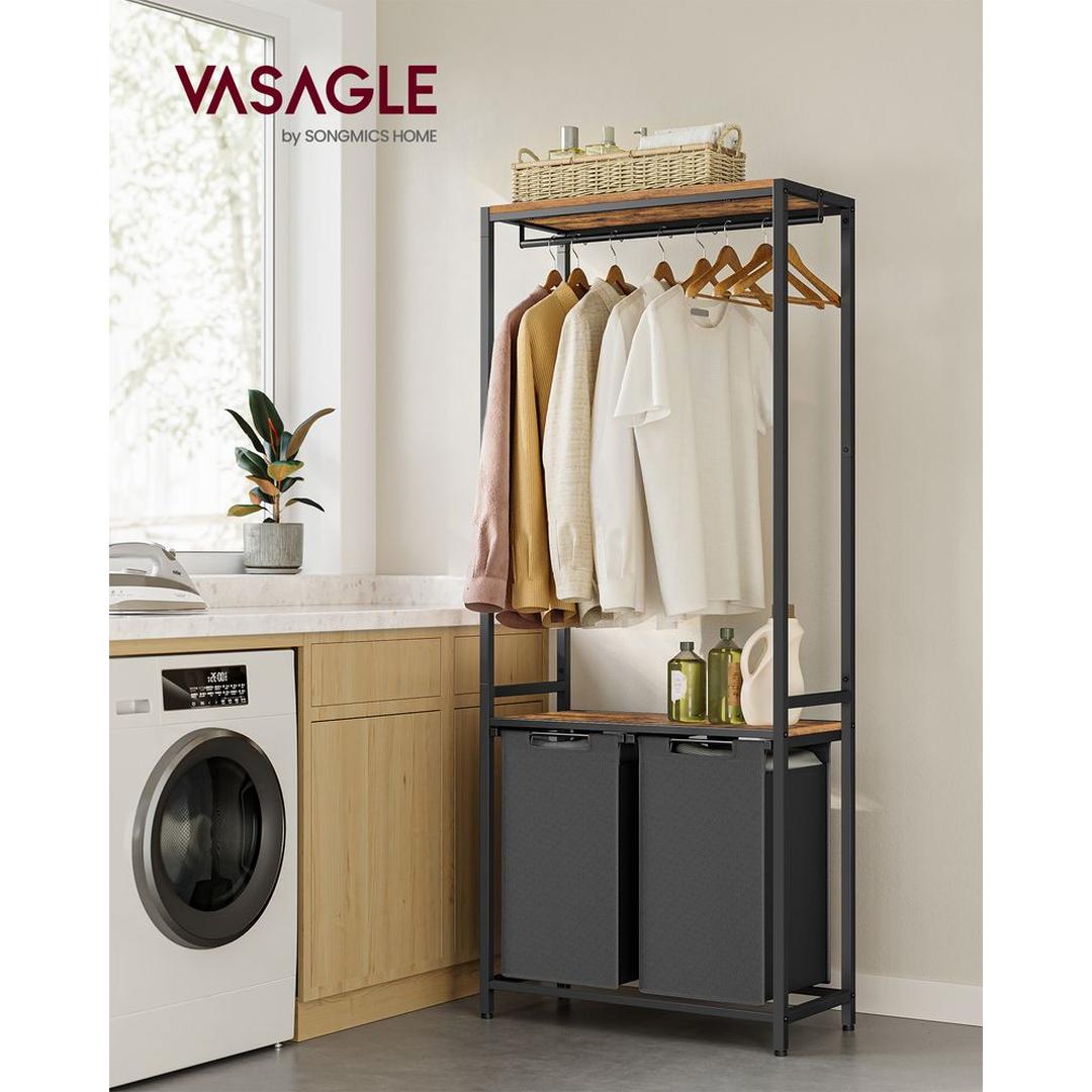 Wasmand met Kledingrek en 2 Compartimenten – Wasbox met Ophangstang, Opbergplanken en Uitneembare Waszakken