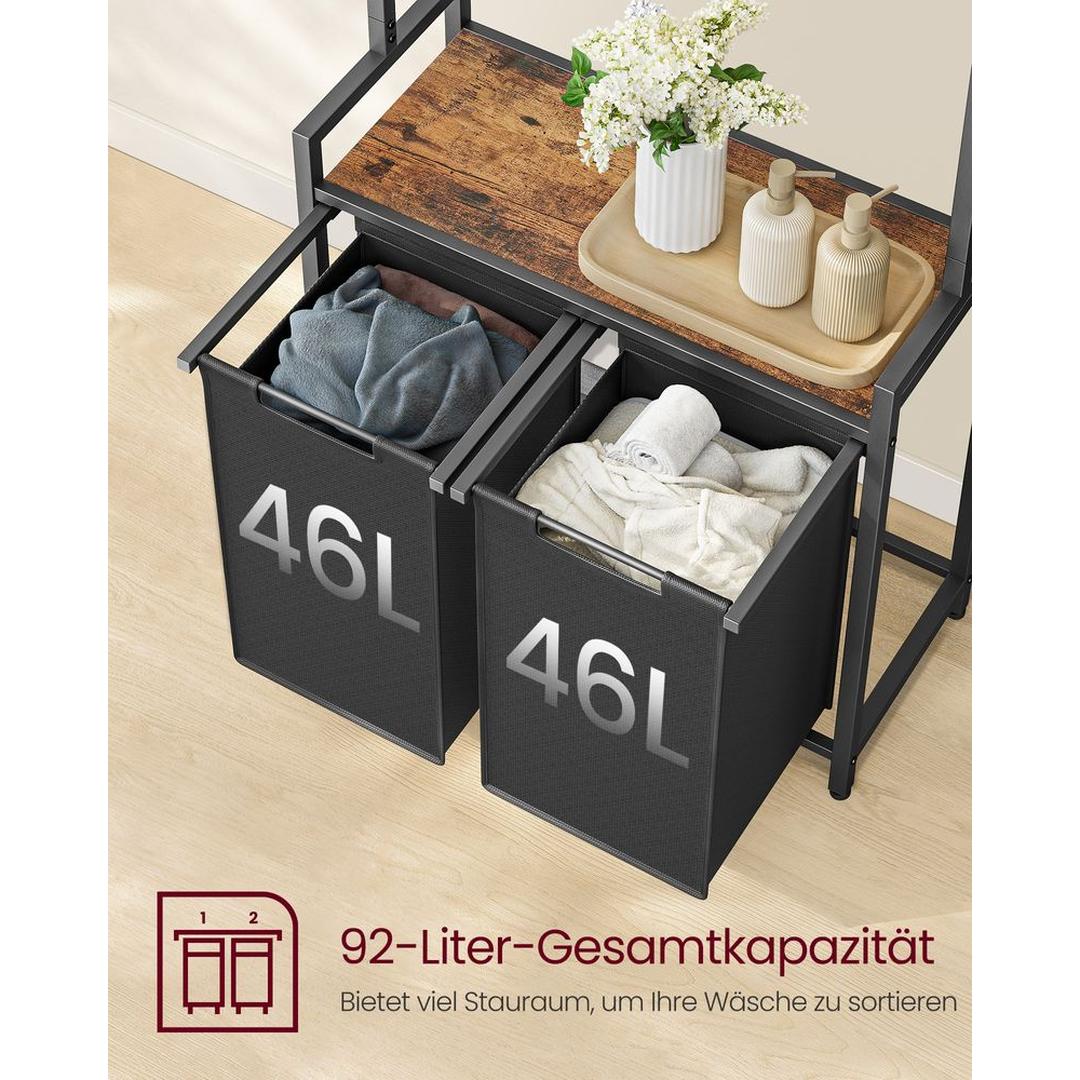 Wasmand met Kledingrek en 2 Compartimenten – Wasbox met Ophangstang, Opbergplanken en Uitneembare Waszakken