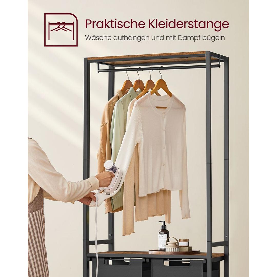 Wasmand met Kledingrek en 2 Compartimenten – Wasbox met Ophangstang, Opbergplanken en Uitneembare Waszakken