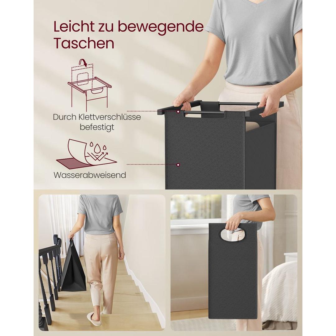 Wasmand met Kledingrek en 2 Compartimenten – Wasbox met Ophangstang, Opbergplanken en Uitneembare Waszakken