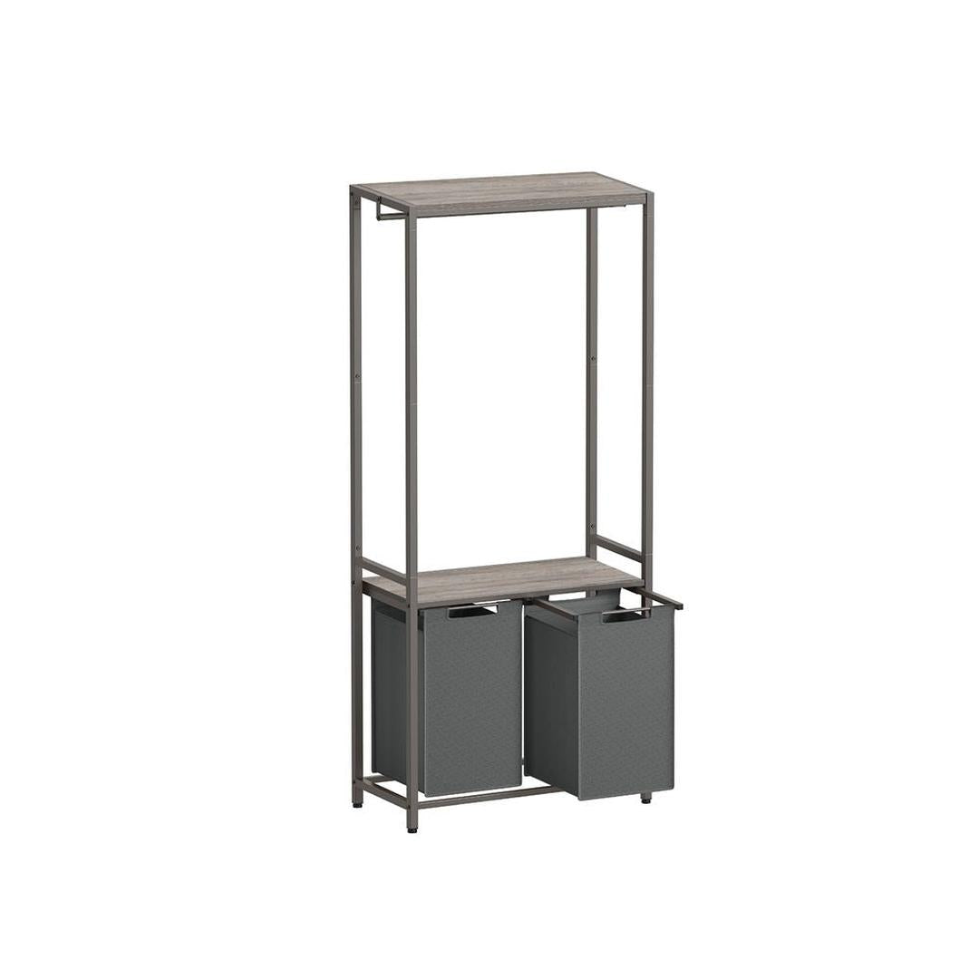 Wasmand met Kledingrek en 2 Compartimenten – Wasbox met Ophangstang, Opbergplanken en Uitneembare Waszakken