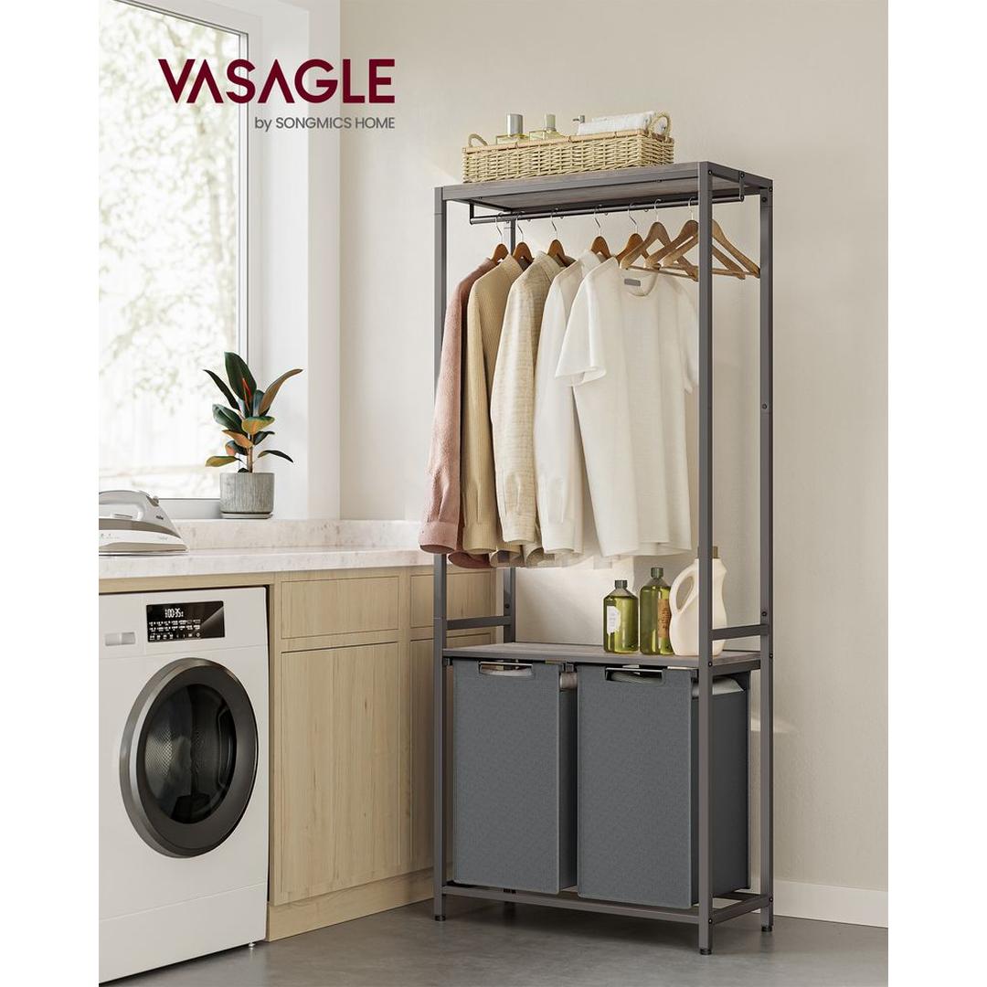 Wasmand met Kledingrek en 2 Compartimenten – Wasbox met Ophangstang, Opbergplanken en Uitneembare Waszakken
