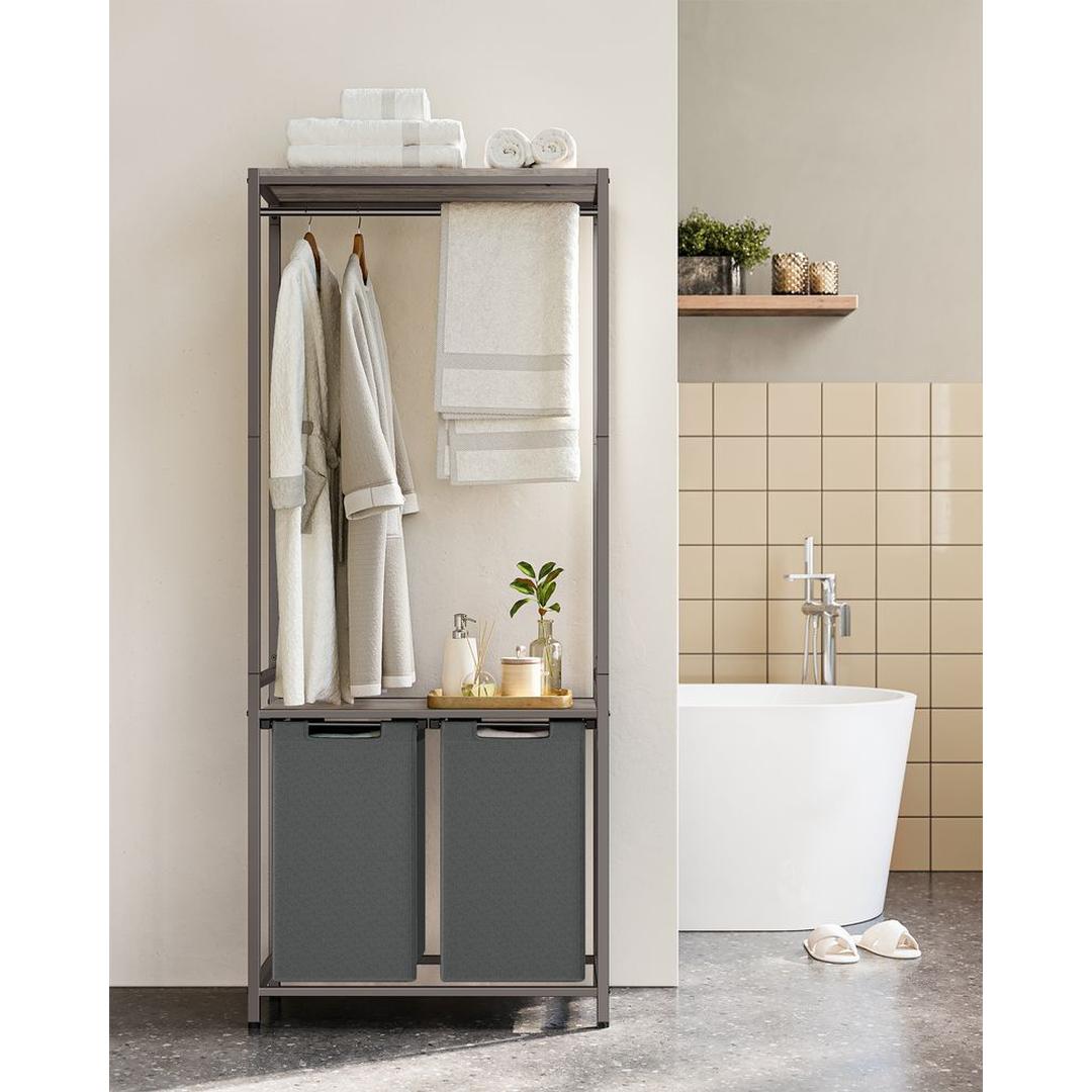 Wasmand met Kledingrek en 2 Compartimenten – Wasbox met Ophangstang, Opbergplanken en Uitneembare Waszakken