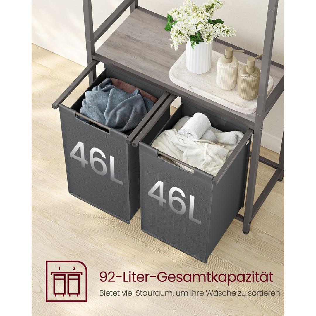 Wasmand met Kledingrek en 2 Compartimenten – Wasbox met Ophangstang, Opbergplanken en Uitneembare Waszakken