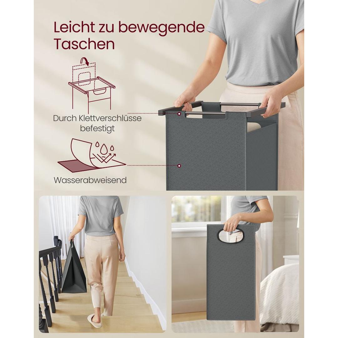 Wasmand met Kledingrek en 2 Compartimenten – Wasbox met Ophangstang, Opbergplanken en Uitneembare Waszakken