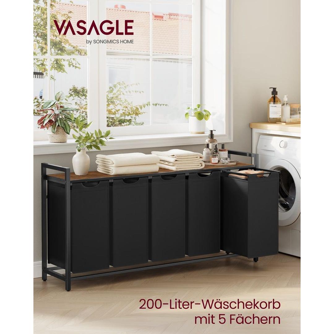 Wasmand met Uittrekbare Waszakken – Wasbox met 2 Vakken, Opbergblad en Stalen Frame