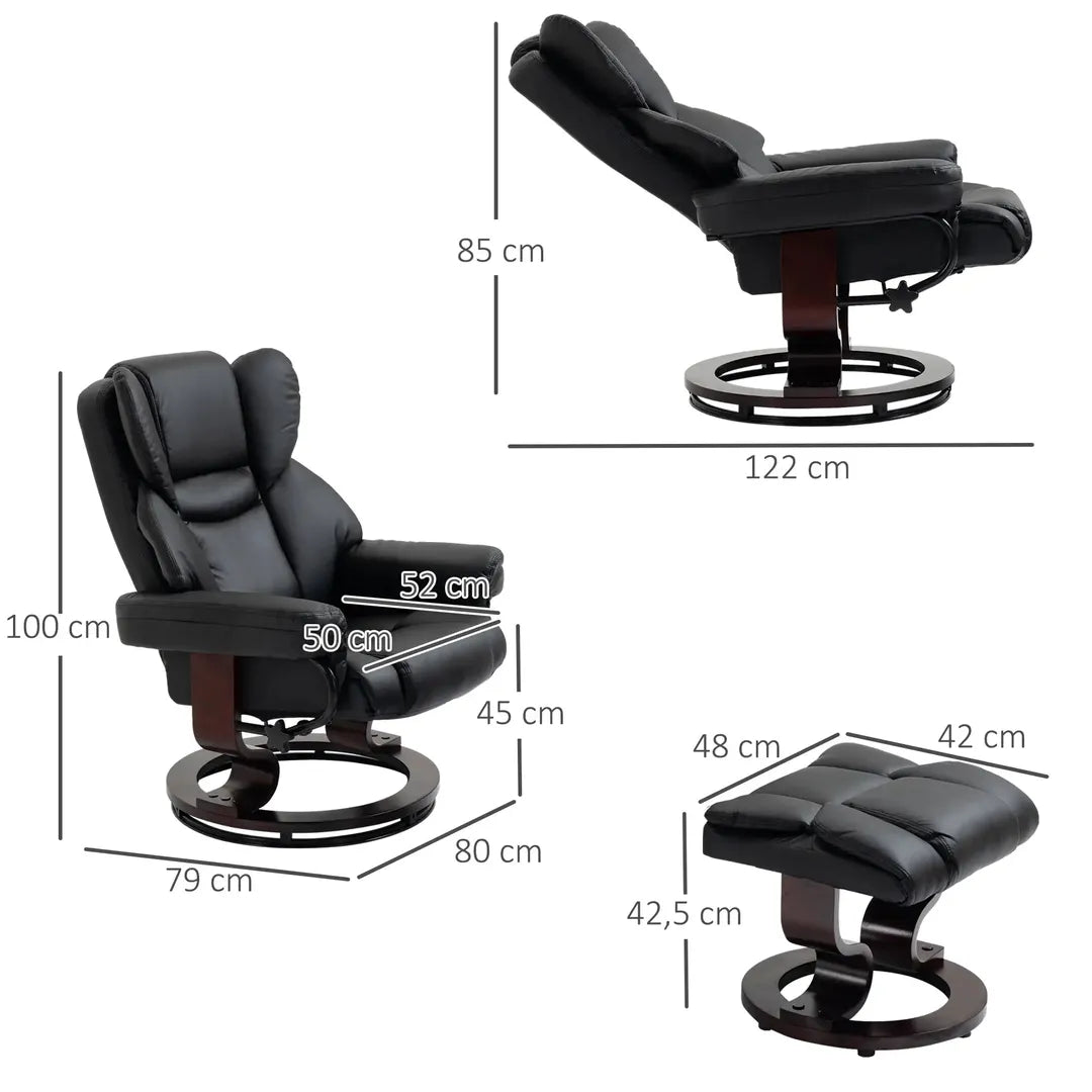 Fauteuil met Hocker – Draaibare Relaxstoel met Ligfunctie van Kunstleer en Metalen Frame, Crème, 80 x 79 x 100 cm