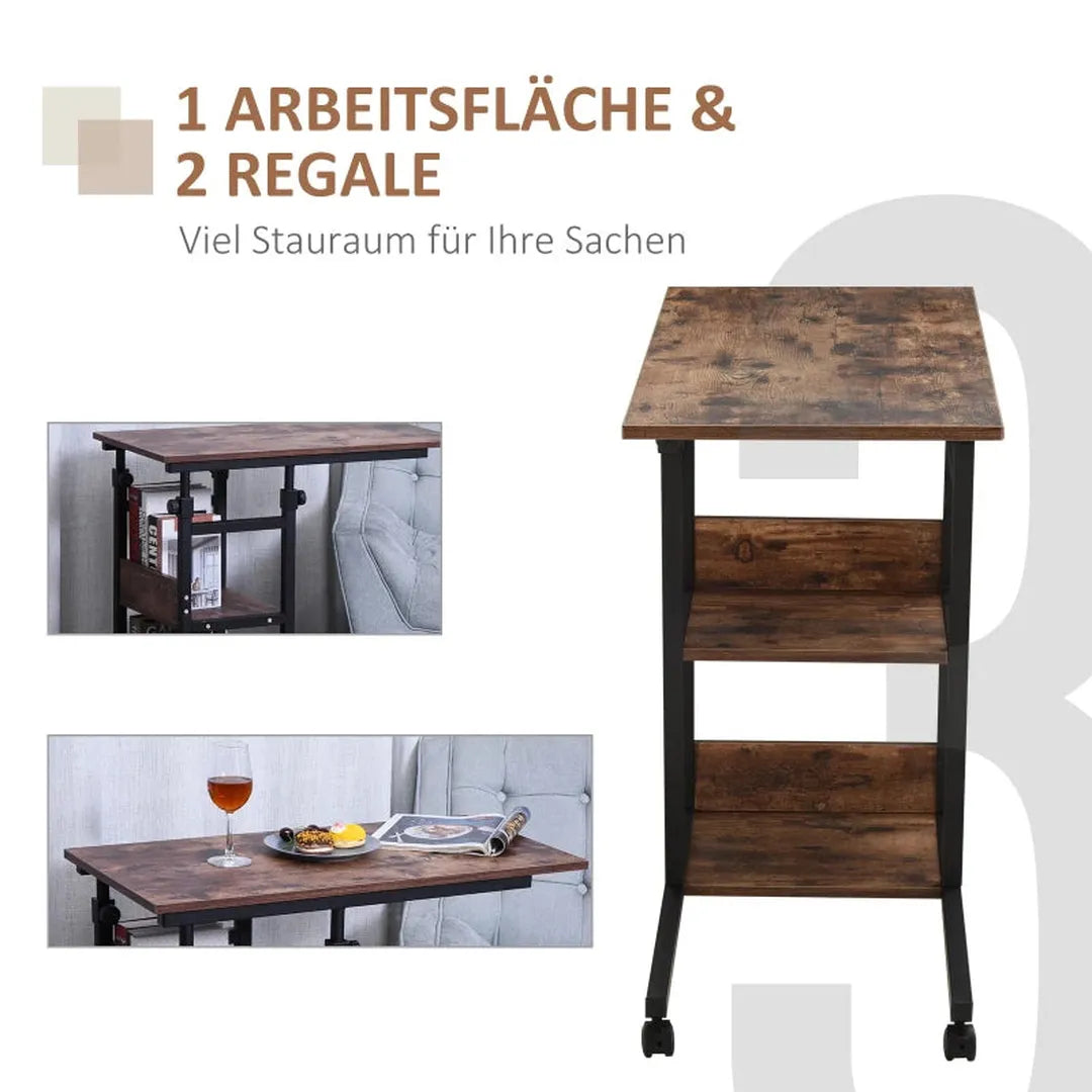 Bijzettafel met wielen – in hoogte verstelbaar – 2 planken – metalen frame – 80 x 40 x 72-82 cm
