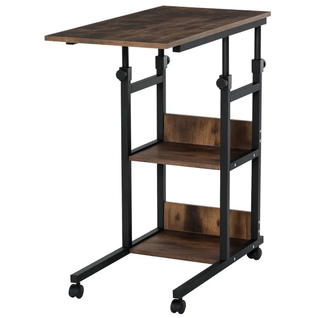 Bijzettafel met wielen – Hoogte verstelbaar – 2 opbergplanken – Bruin metalen frame – 80x40x72-82 cm