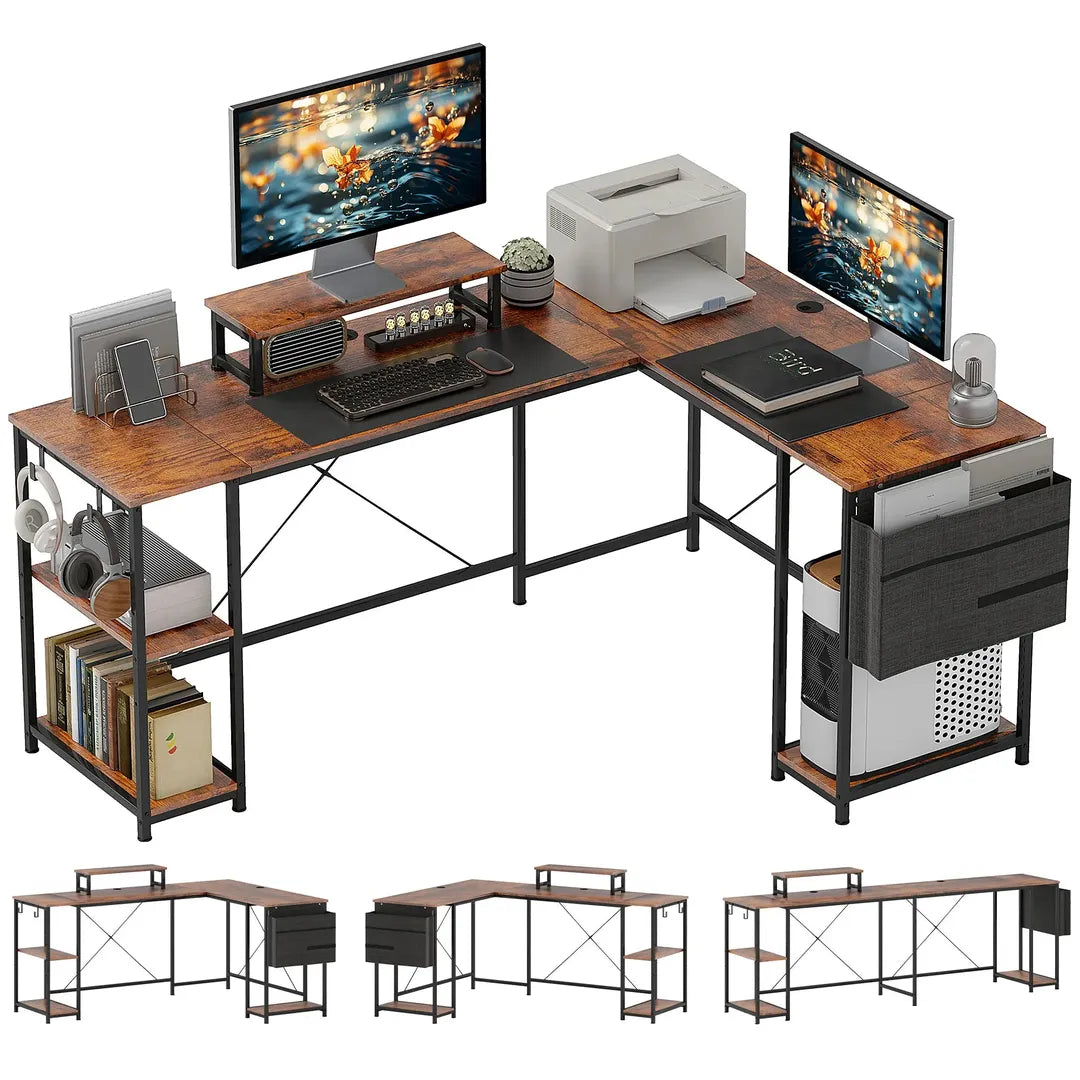 L-vormig bureau met verstelbare legplanken en monitorstand – hoekbureau met opbergtas, bruin