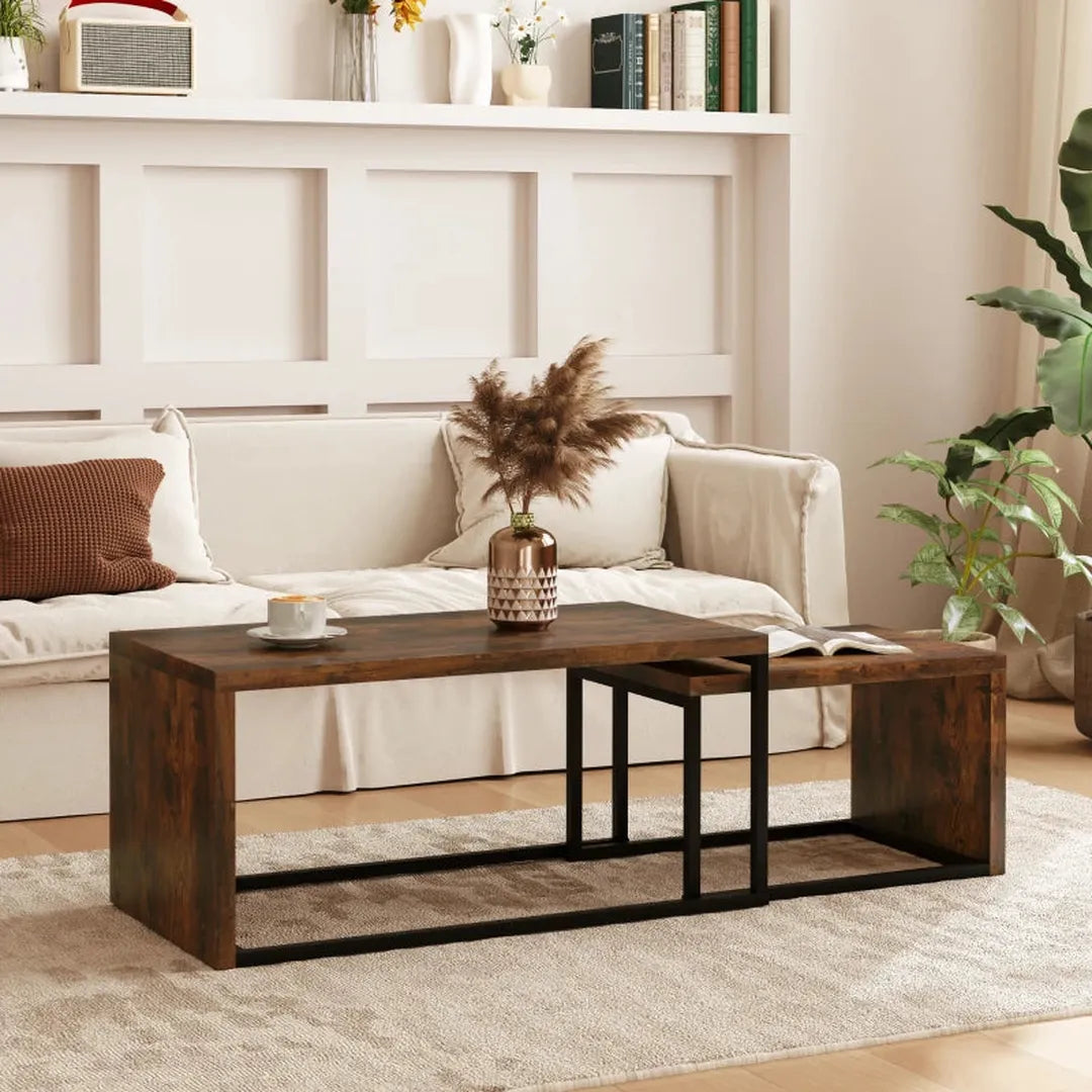 Set van 2 salontafels – Ovaal MDF tafelblad met metalen frame – Zwart en bruin – 90x48x42 cm & 59x42x36 cm