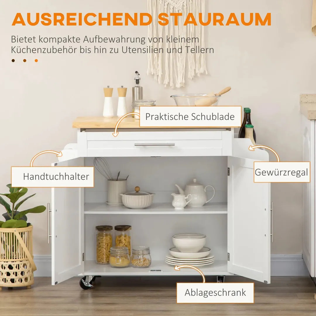 Keukentrolley met 1 Kruidenrek en 1 Handdoekhouder – 109 x 40 x 89 cm, Witte Servierwagen op Wielen