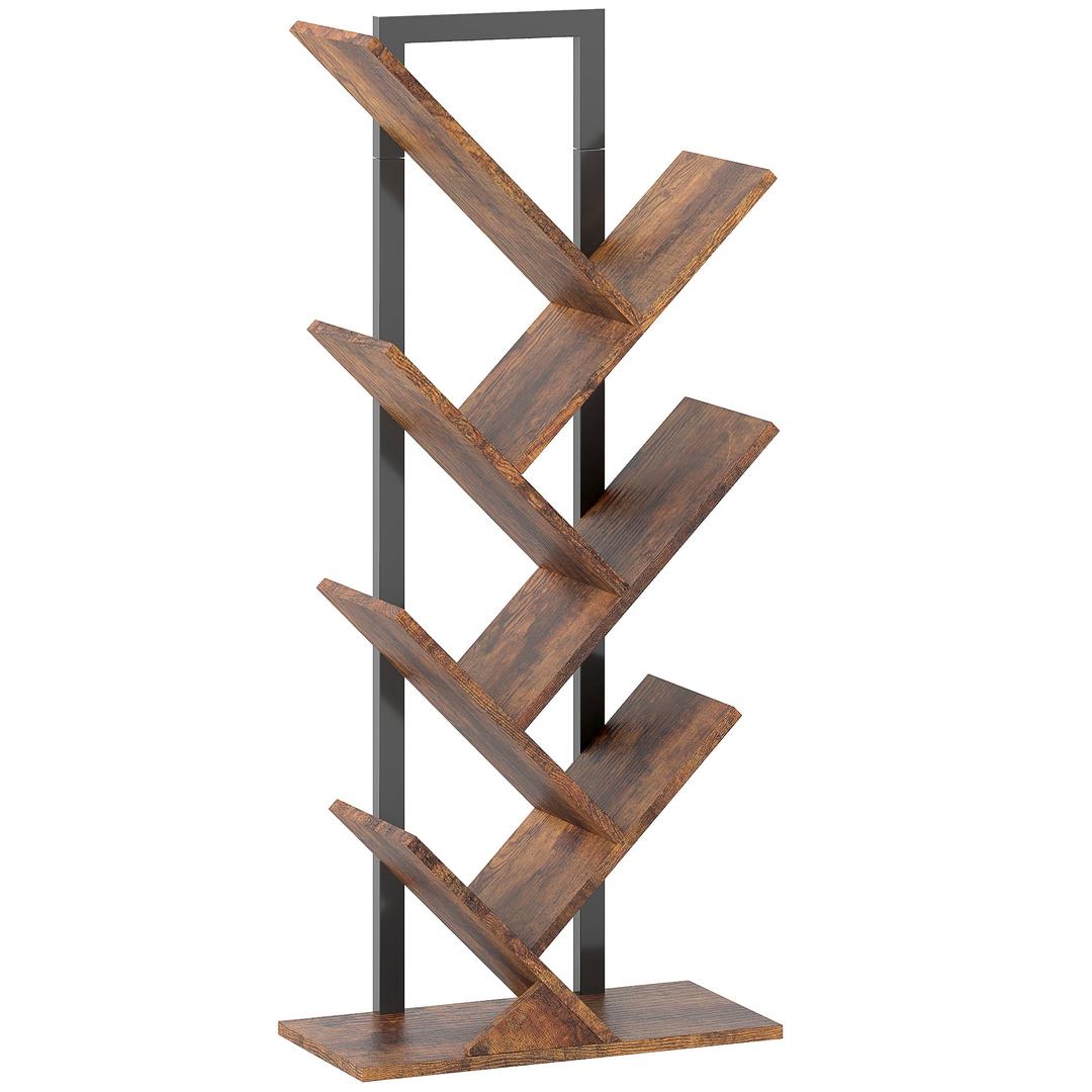 Boekenkast in boomvorm met 7 niveaus – smal staand boekenrek met stalen frame, rustiek bruin