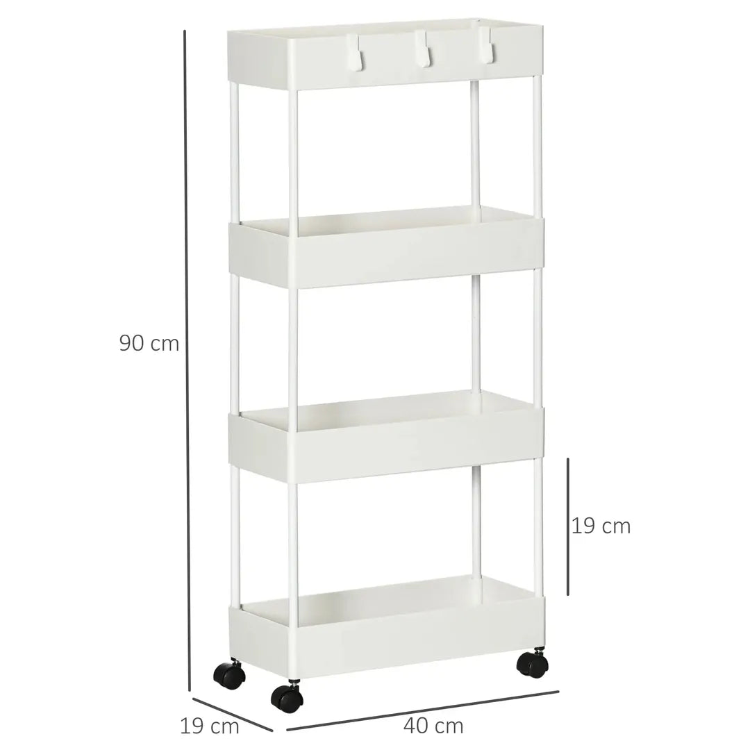 Keukenwagen met 4 legplanken en 4 haken – op wielen – Wit – 40 × 19 × 90 cm