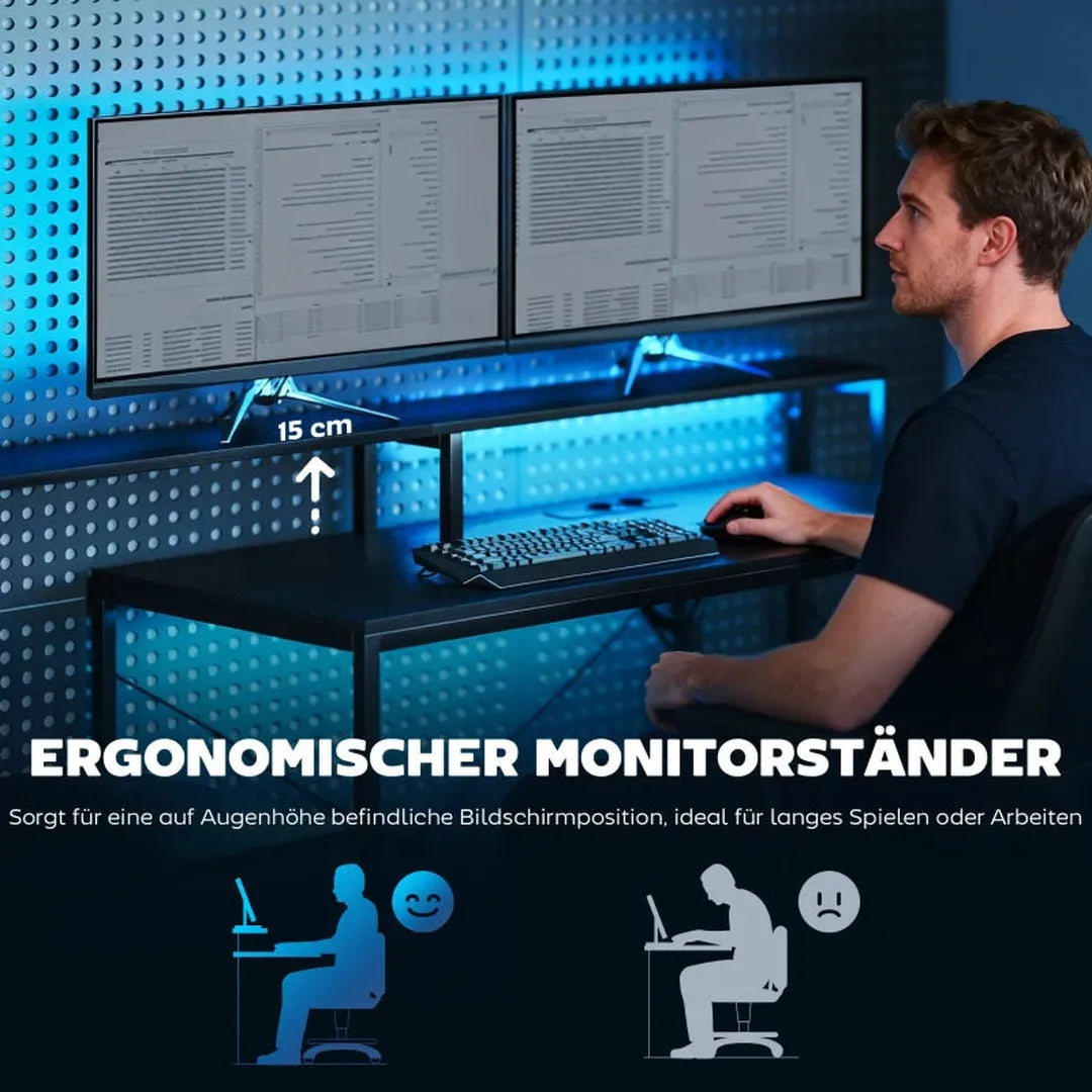 L-vormig bureau met LED en stopcontacten – hoekbureau met dubbele monitorstand en lades, 165 × 80 × 91,5 cm