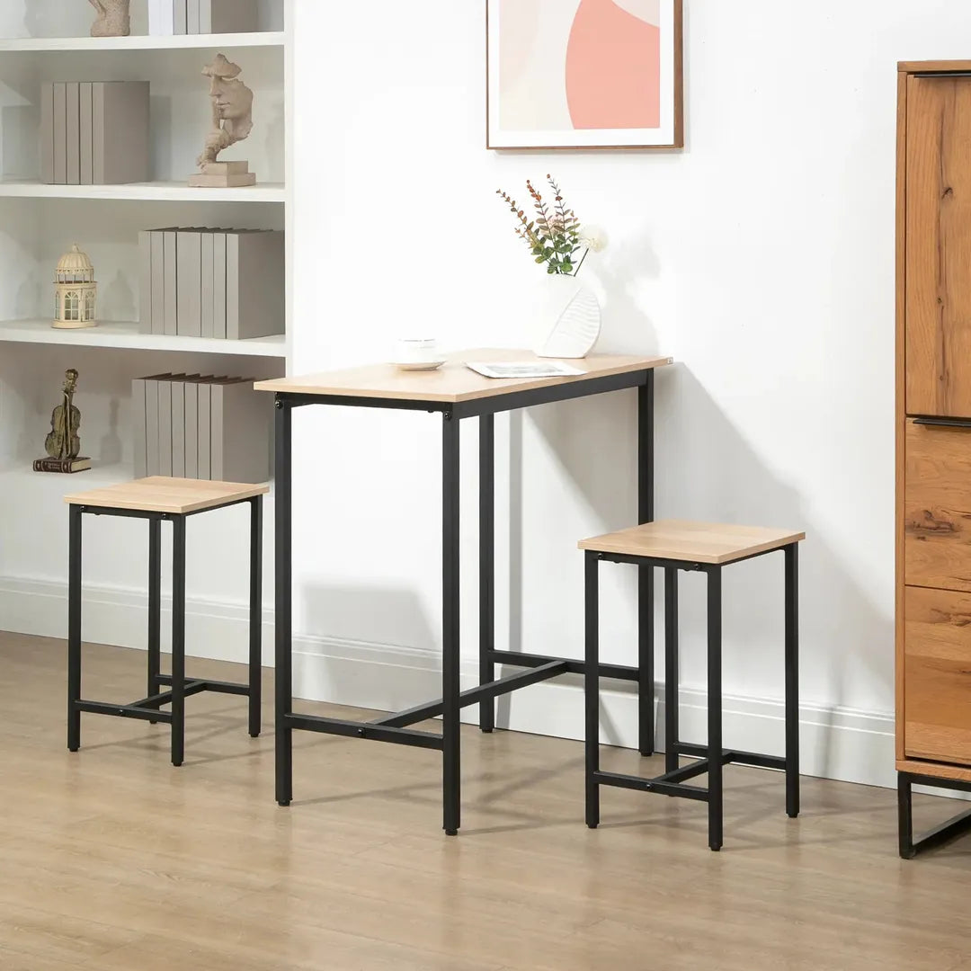 Barset – 3-delig met 1 Bartafel en 2 Krukken van Metaal en Hout, Zwart/Naturel